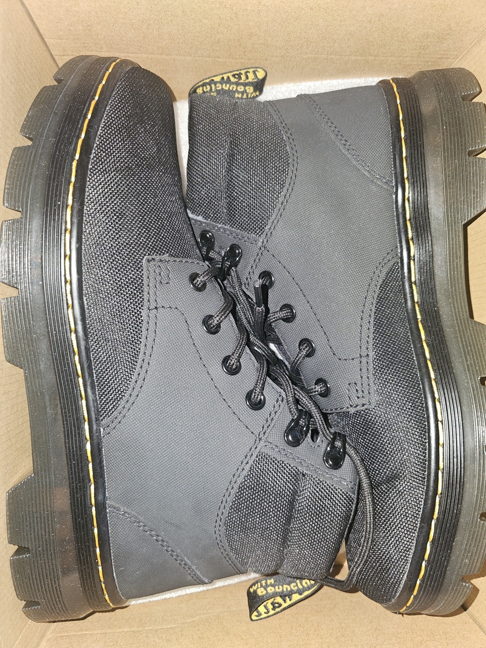 Dr. Martens Black Lace-Up Rugged Canvas Boots with Yellow Stitch